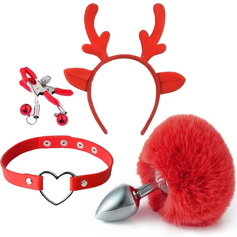 Kit Rabo de Coelho +Tiara de Orelhas + Grampos para os seios em Metal + Gargantilha