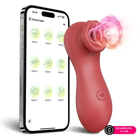 Vibrador em formato de boca por aplicativode celular – recarregável
