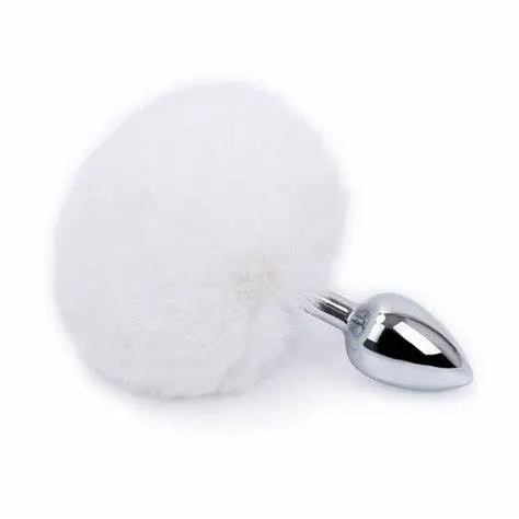 Plug anal de aço prata com pompom branco – Tamanho M